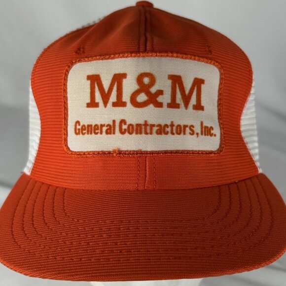 Vintage M & M General Contractors Orange Mesh Snapback Trucker Hat Cap Patch USA - Picture 2 of 7